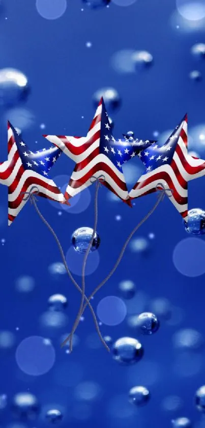 American-themed star balloons on blue bubbly background.