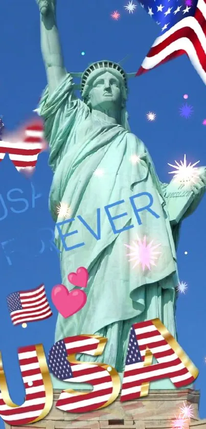 Statue of Liberty with USA symbols against blue sky.