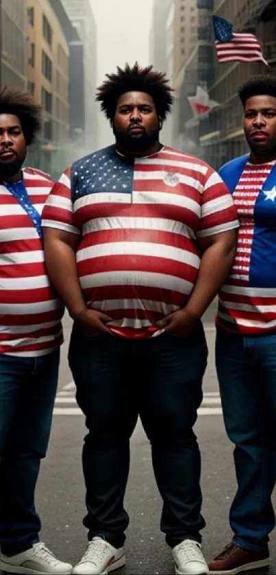 Three individuals in American flag outfits on an urban street.