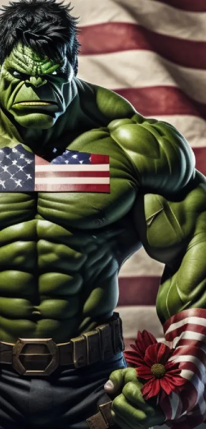 Powerful superhero with American flag design.