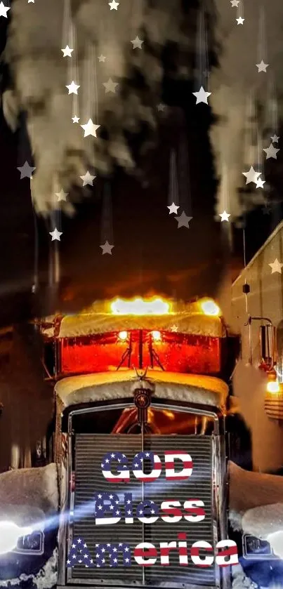 Snow-covered truck with 'God Bless America' in starry night scene.