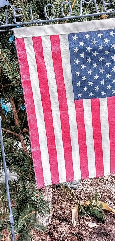 US flag with welcome sign and trees.