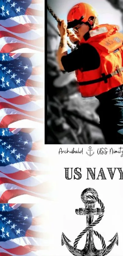 US Navy wallpaper with sailor and American flags design.