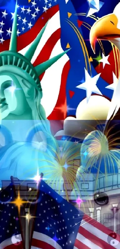 Vibrant American theme with Statue of Liberty and bald eagle.