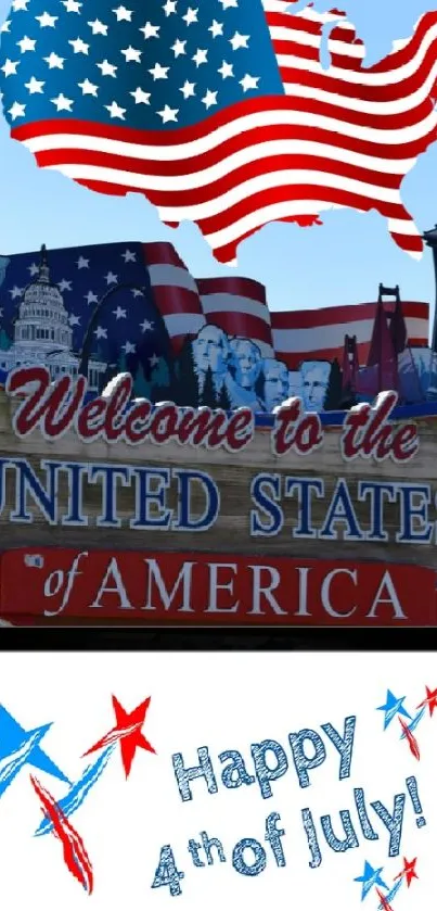 Welcome to USA sign with American flag design.