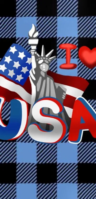 Vibrant patriotic wallpaper with USA and Statue of Liberty design.