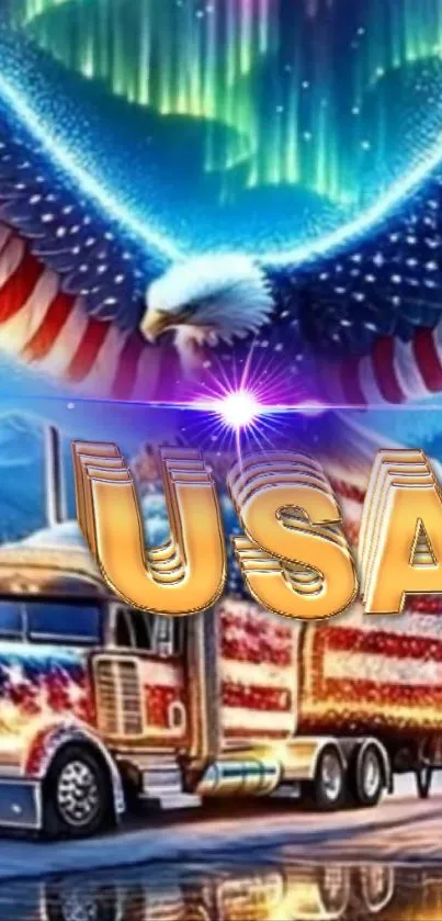 USA-themed wallpaper with eagle, truck, and Northern Lights.