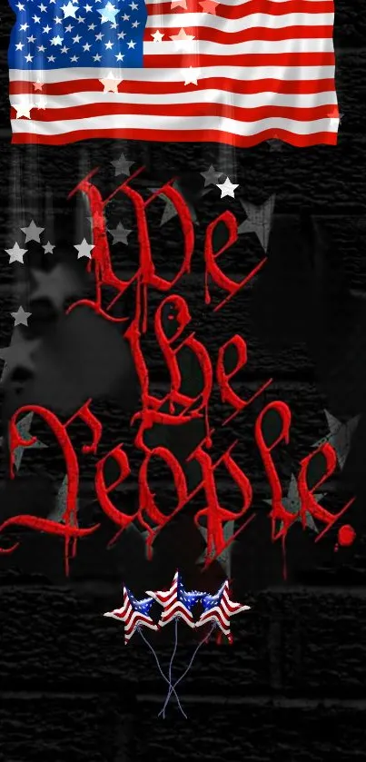 Patriotic wallpaper with 'We The People' text and American flag on a dark background.