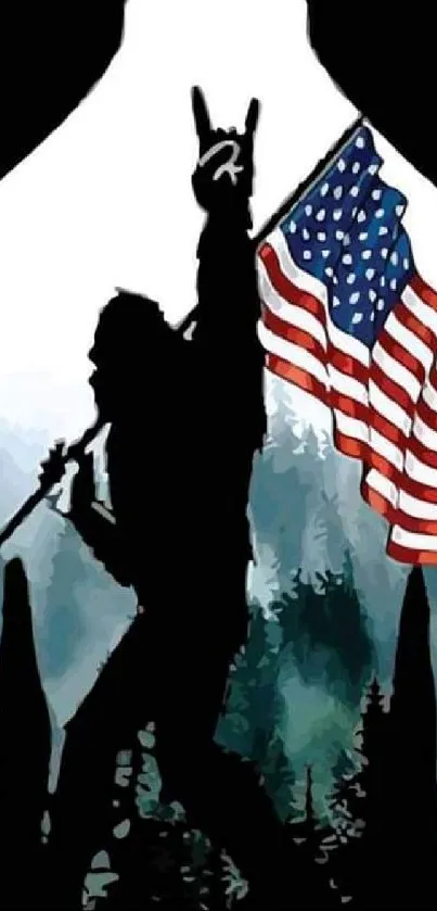 Silhouette holding an American flag in a forest setting, bold and dramatic.