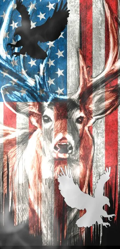 Deer and eagle with American flag in artistic style wallpaper.