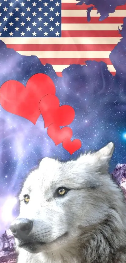 Wolf with hearts under American map on a purple cosmic background.