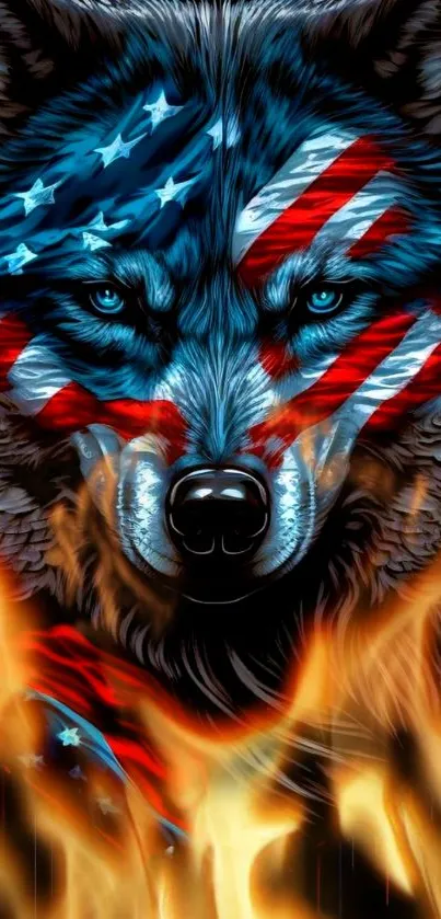 Wolf with American flag and flames mobile wallpaper.