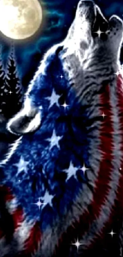 Howling wolf with American flag under moonlit sky in dark forest wallpaper.