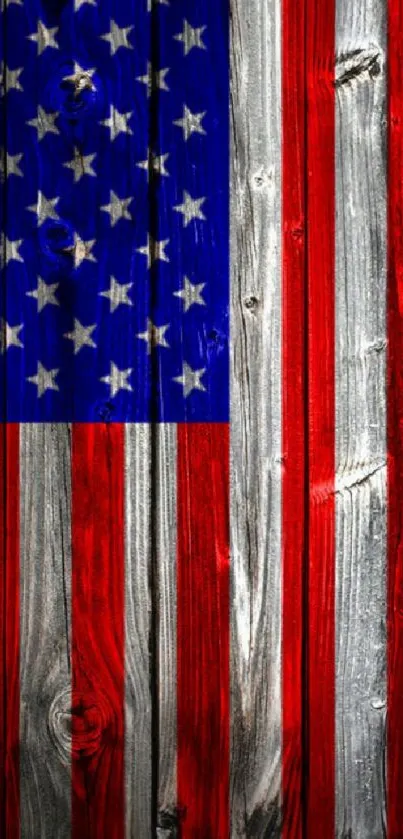 Rustic wooden American flag with stars and stripes.