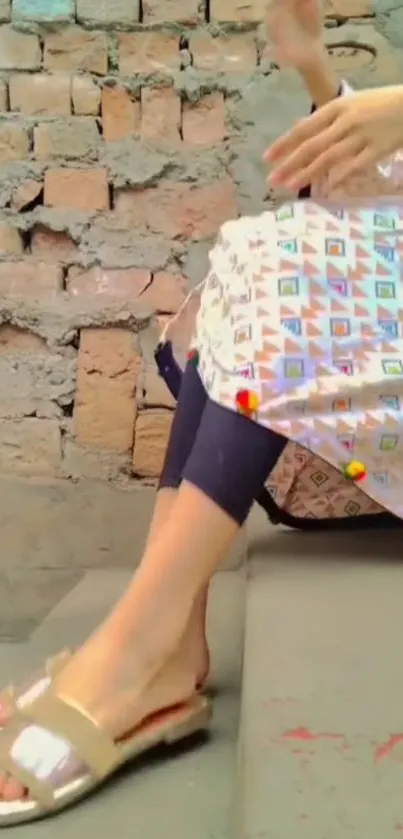 Person in patterned dress sitting against a brick wall.