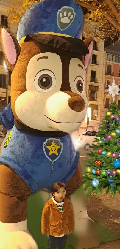 Paw Patrol mascot near Christmas tree in urban scene.