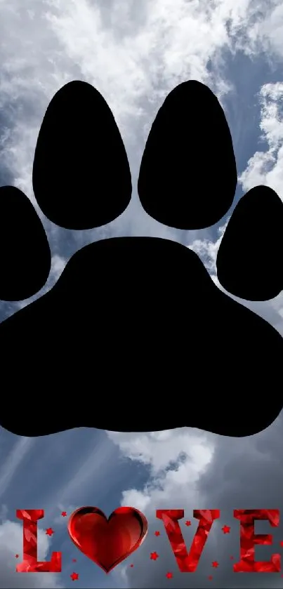 Black paw print over cloudy sky with red LOVE text.