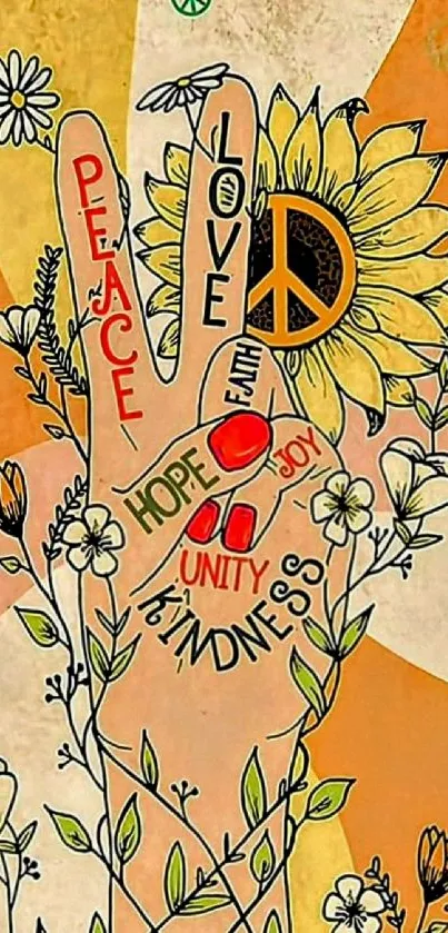 Artistic peace hand with flower in vibrant colors.