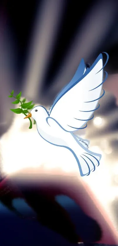 Illustrated peace dove with olive branch on mobile wallpaper background.