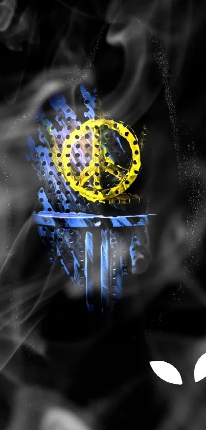 Abstract peace sign with smoke in blue and yellow hues on a black background.