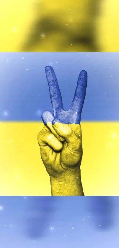 Hand with peace sign on yellow and blue gradient background wallpaper.