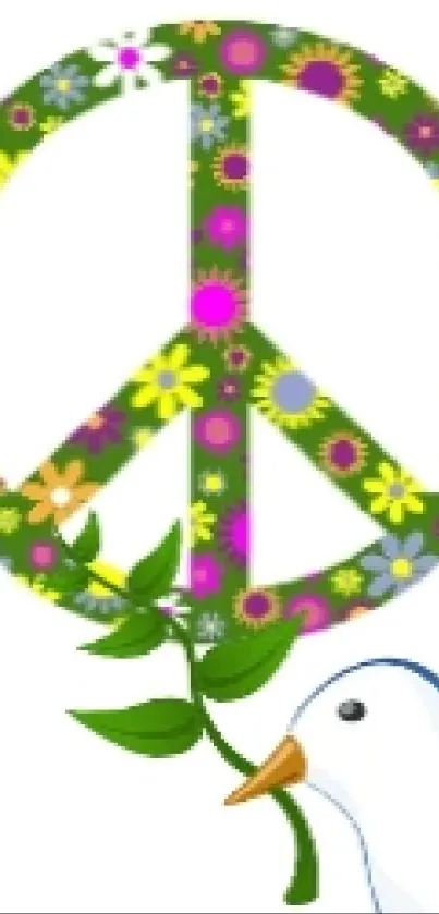 Floral peace symbol with dove and olive branch.