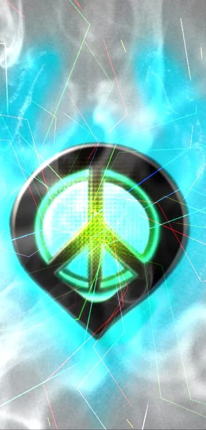 Vibrant peace symbol with a neon blue aura and dynamic smoke effects.