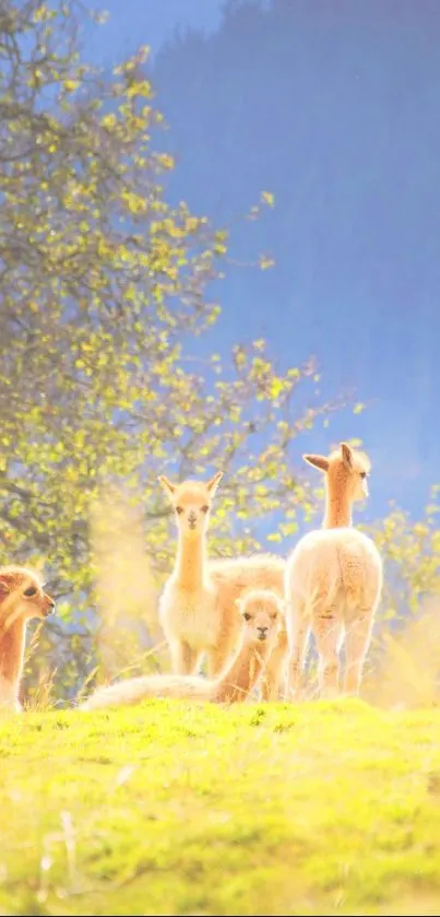 Serene alpaca group grazing in sunlit, pastel green meadow.