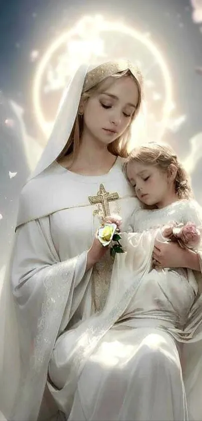 Angelic figure gently holds a child amidst a glowing divine light.