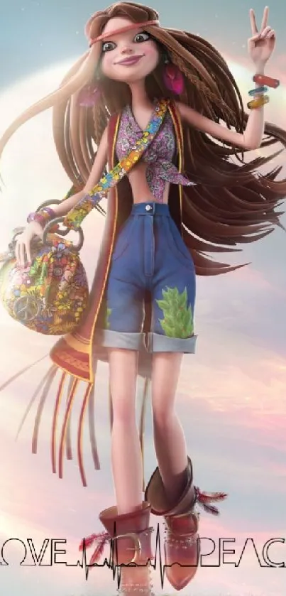 Animated girl in colorful outfit with peace symbol.