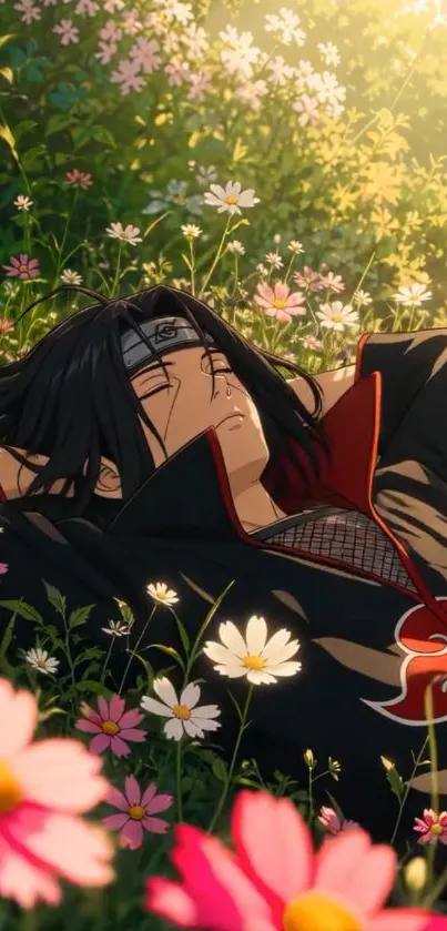Anime character relaxing in a flower-filled garden.