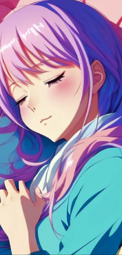 Anime character peacefully sleeping with pastel purple hair, evoking calm vibes.