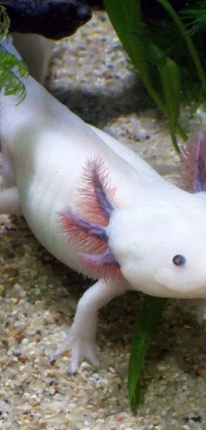 Axolotl in a peaceful aquarium setting with lush green plants.