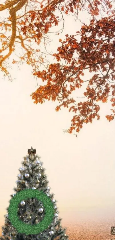 Christmas tree and autumn leaves mobile wallpaper with a bench in the scene.