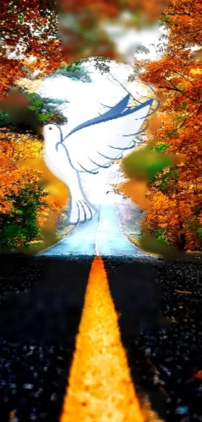 Dove flying over an autumn road with vibrant foliage.