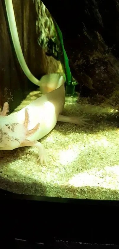 Axolotl resting in a dimly lit aquarium with a dark natural backdrop.