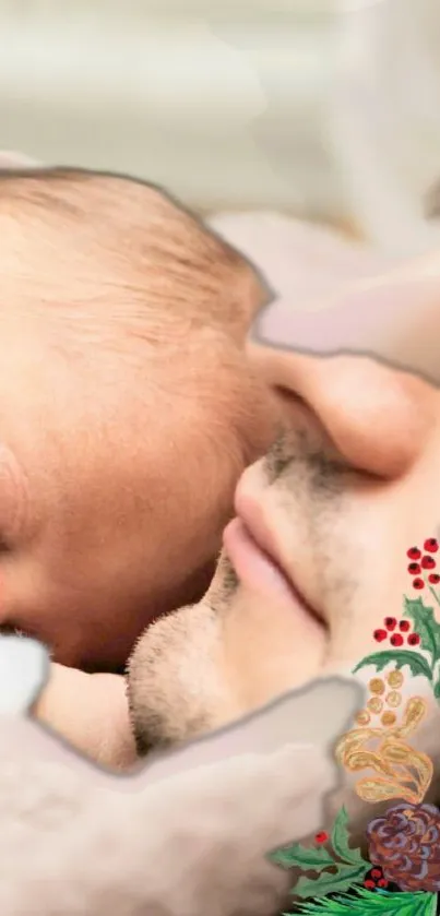 Peaceful baby and father with floral accents in warm tones.