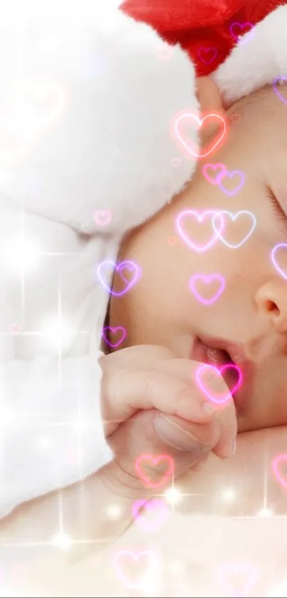 Sleeping baby in a Christmas hat with soft light and festive decor.
