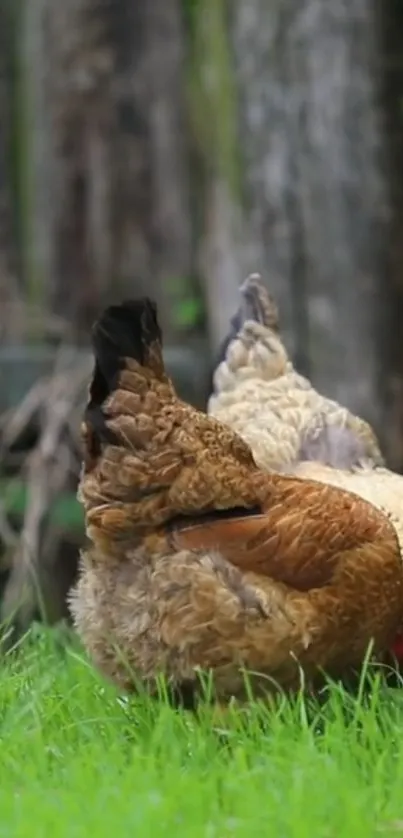 Chickens foraging on green grass in a rustic backyard setting.