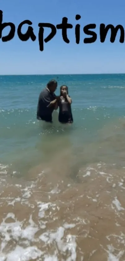 Calming beach baptism scene with ocean waves.