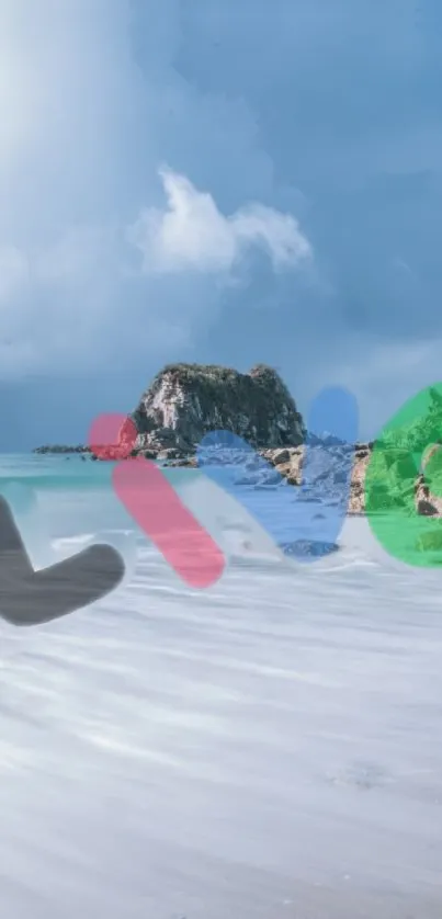 Serene beach with colorful logo overlay.