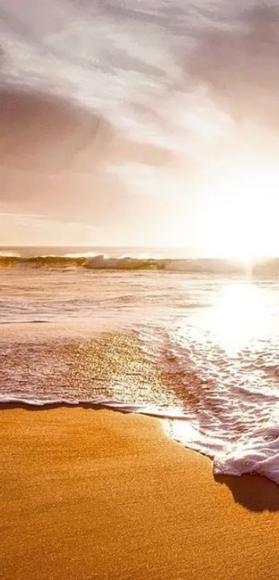 Serene beach at sunrise with golden sands and calm waves in warm hues.