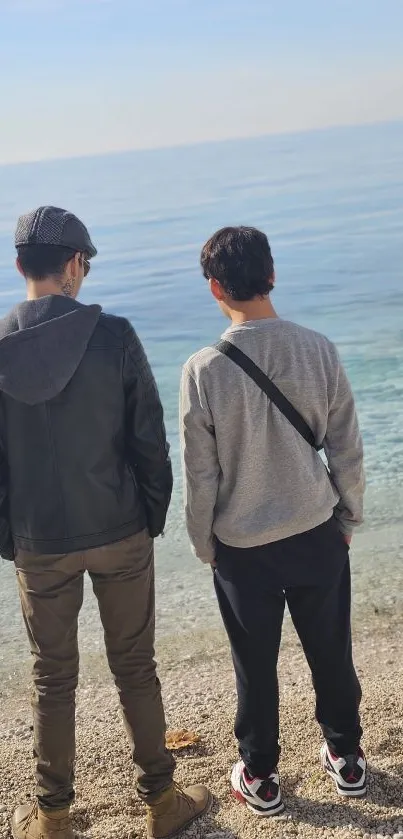 Two friends walking on a tranquil beach