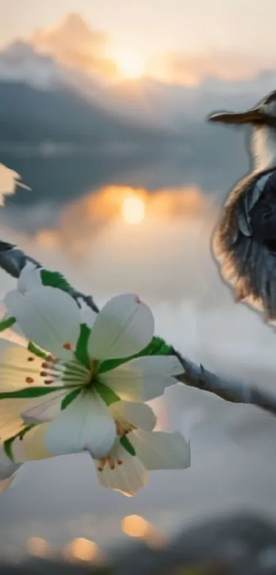 Bird on blossom branch at sunrise over calm lake.