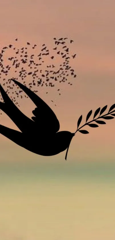 Silhouette of bird carrying olive branch against pastel sky.