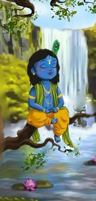 Blue deity meditating by a waterfall in serene nature.