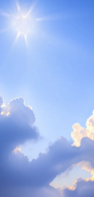 Vibrant blue sky with soft clouds and bright sunlight, perfect for a relaxing wallpaper.