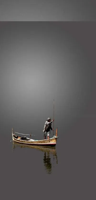 Fisherman in a wooden boat on dark, calm waters.