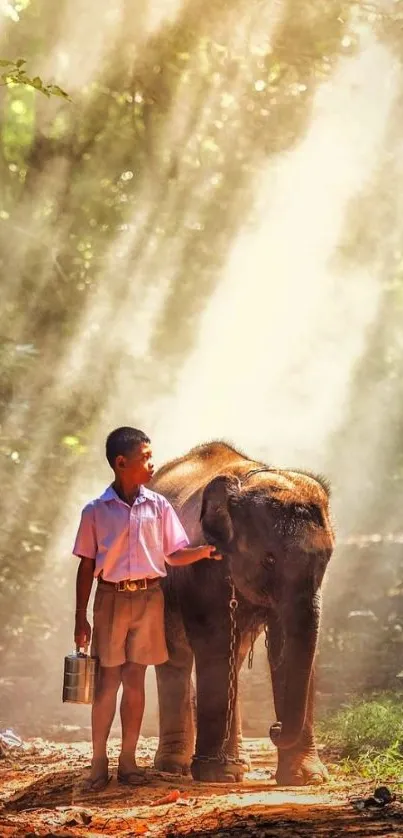 Boy and elephant in sunlit forest path.