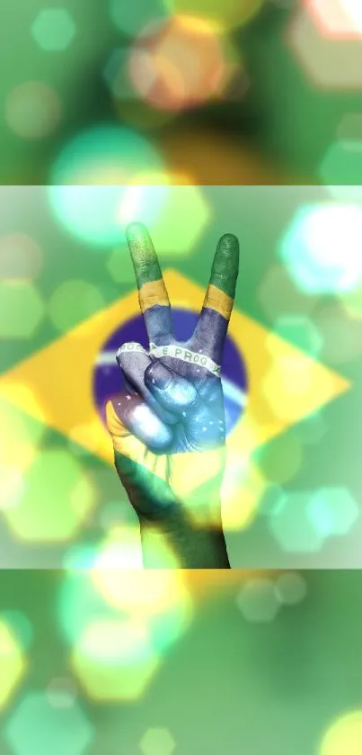 Peace sign with Brazilian flag glow and green background